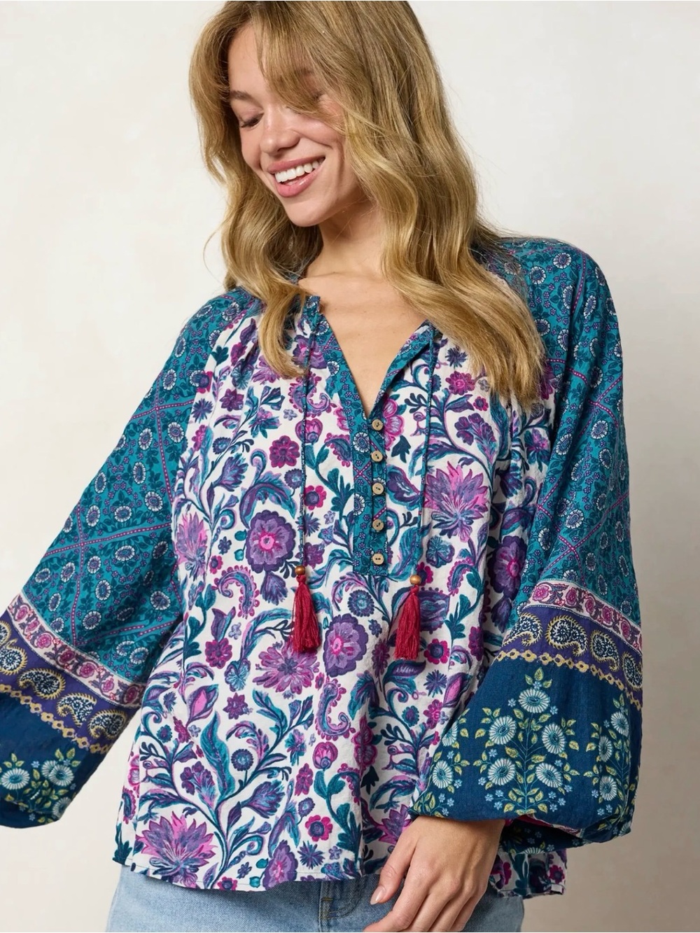 NWT Natural Life Boho Floral Paisley Tassel Blouse Top Size XS Cotton Rayon Blue